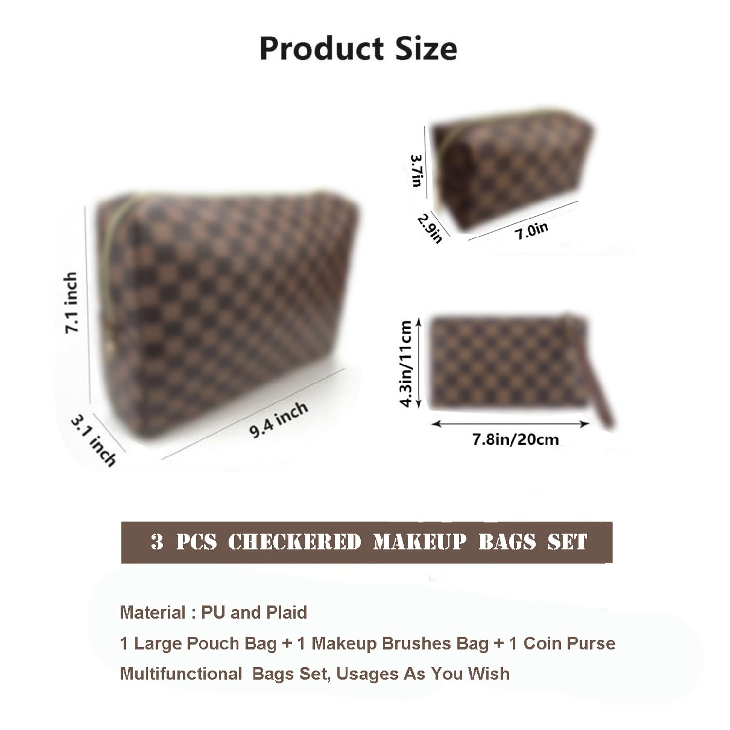 Bopomofo brown checkered cosmetic bag large main pouch for toiletries.