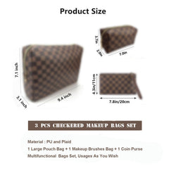 Bopomofo brown checkered cosmetic bag large main pouch for toiletries.
