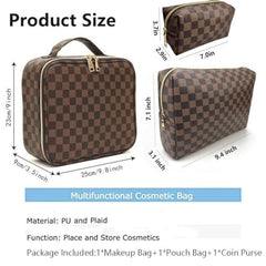 Bopomofo large brown checkered makeup bag showing main compartment and pockets