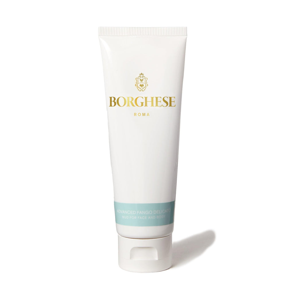 Borghese Advanced Fango Delicato Mud Mask jar close-up highlighting a hydrating formula for dry skin.
