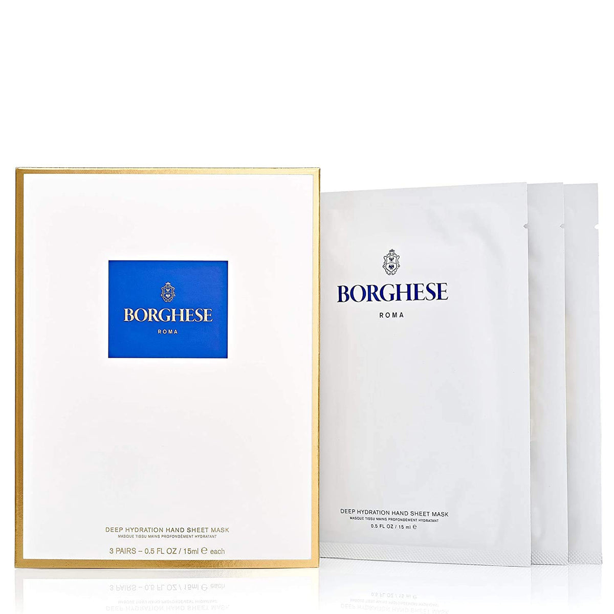 Borghese Deep Hydration Hand Mask packaging highlights compact, travel-ready moisture care.