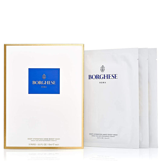 Borghese Deep Hydration Hand Mask packaging highlights compact, travel-ready moisture care.