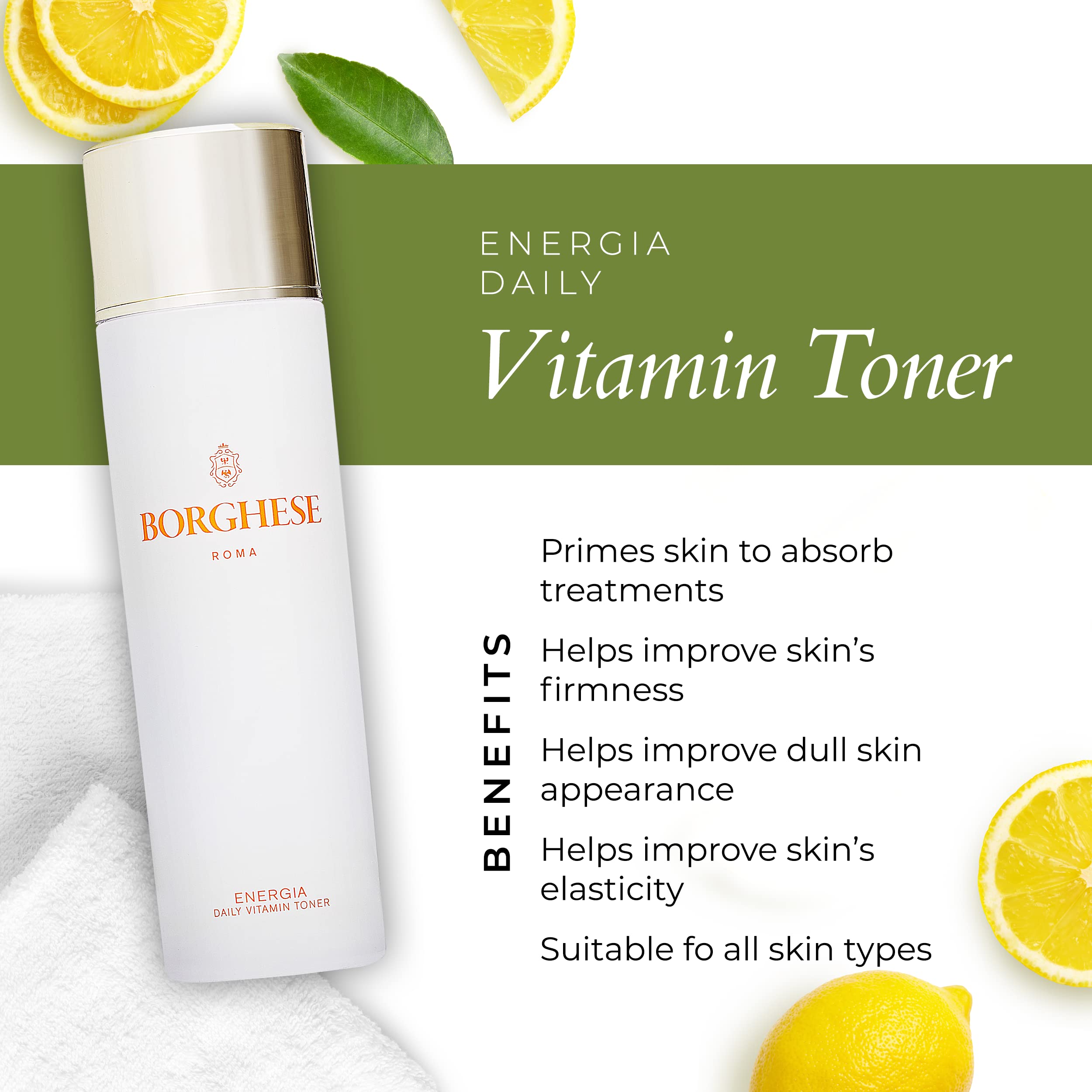 Borghese Energia Daily Toner on cotton pad for gentle cleansing.