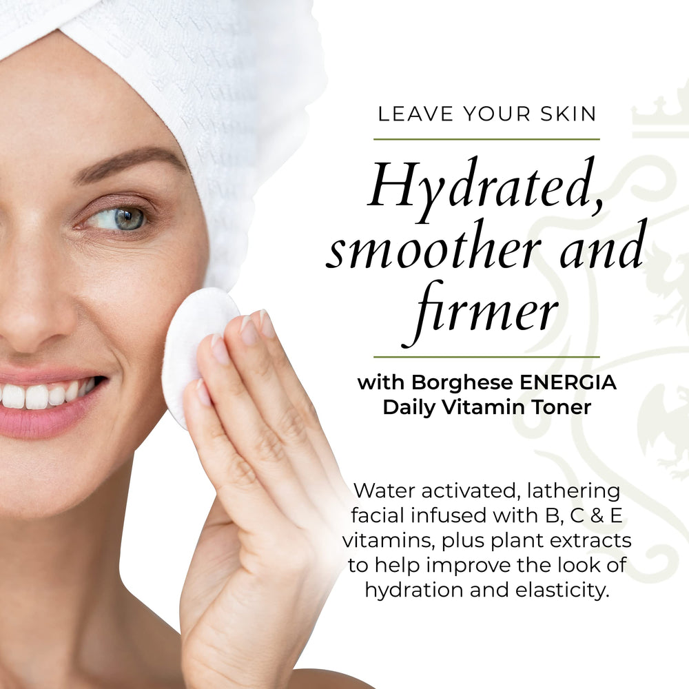 Borghese Energia Toner liquid swirl highlights brightening and refreshing properties.