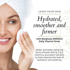 Borghese Energia Toner liquid swirl highlights brightening and refreshing properties.