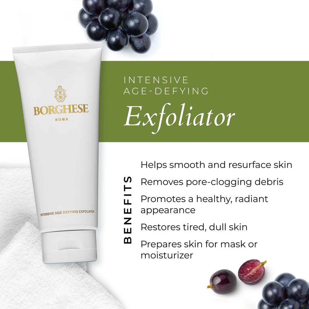 Borghese exfoliator tube highlights peptides and hyaluronic acid for hydration.