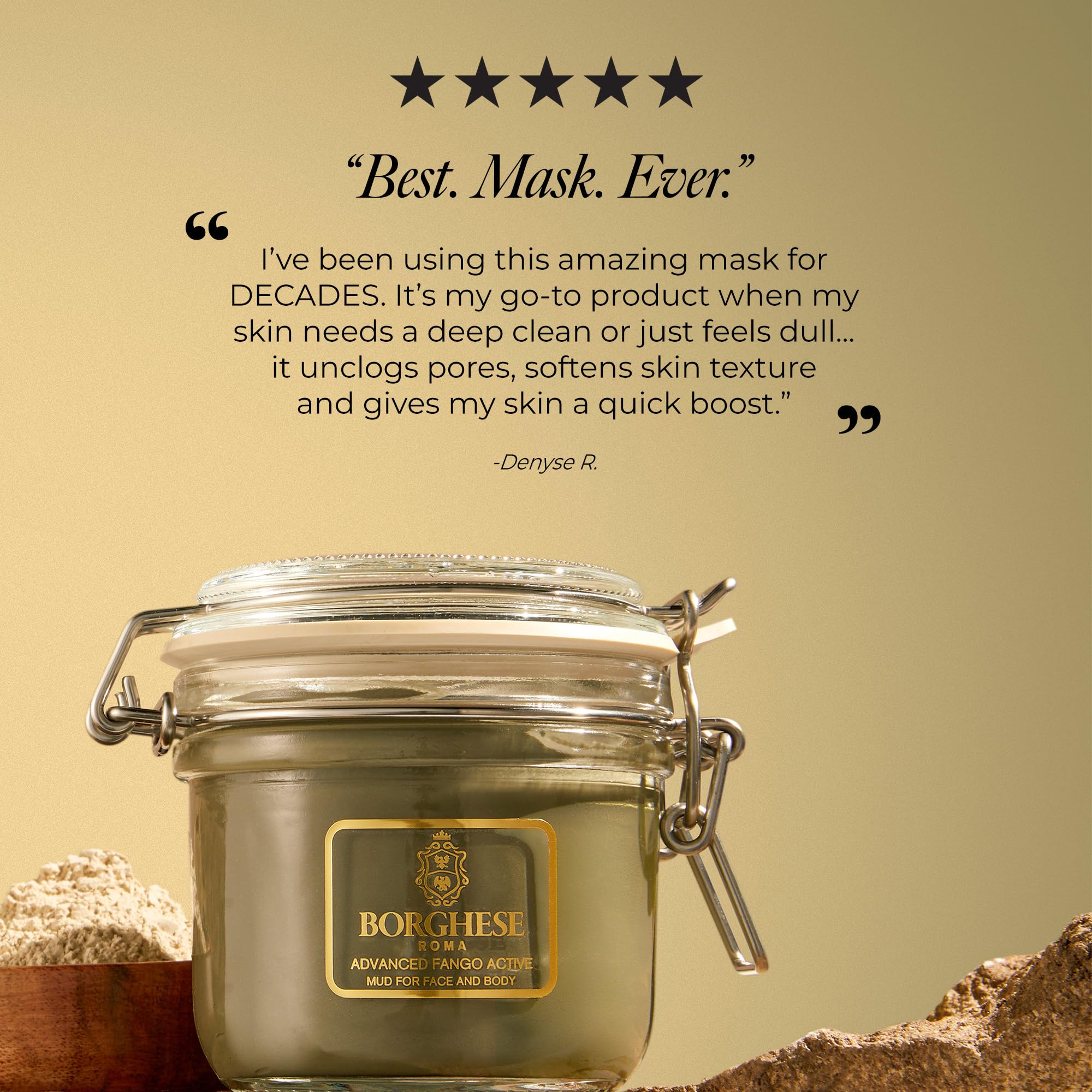 Borghese mud mask with hyaluronic acid offers hydration.