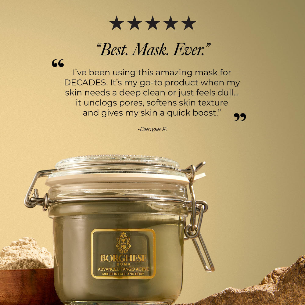 Borghese mud mask with hyaluronic acid offers hydration.