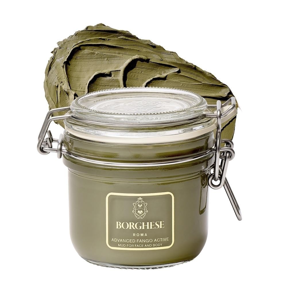 Borghese Fango active mud mask jar for mineral-rich cleansing and refined pores.