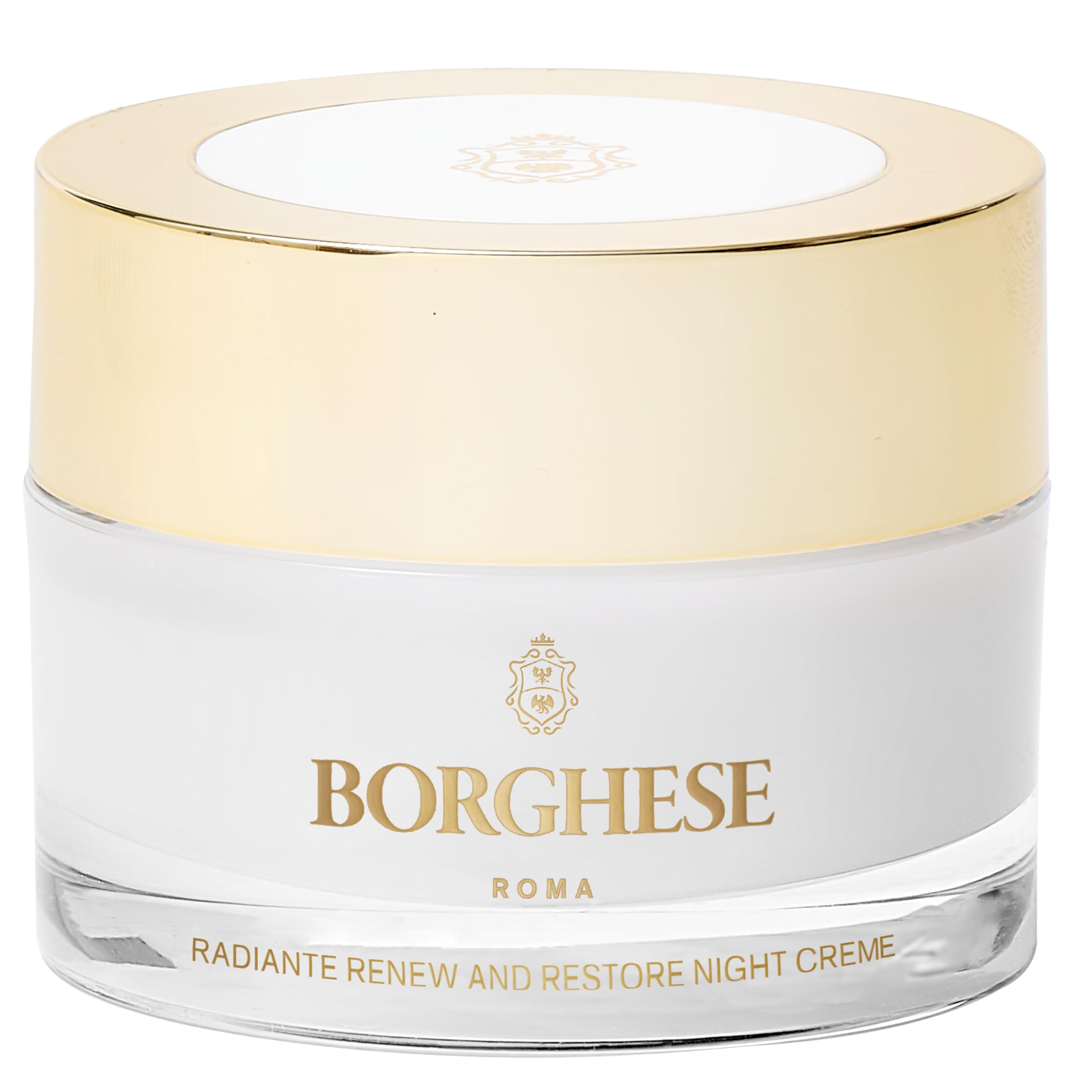 Borghese Radiante Renew & Restore Night Creme bottle closeup showcasing hydration-friendly packaging