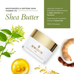 Front view of Borghese night creme jar, premium moisturizer for all skin types