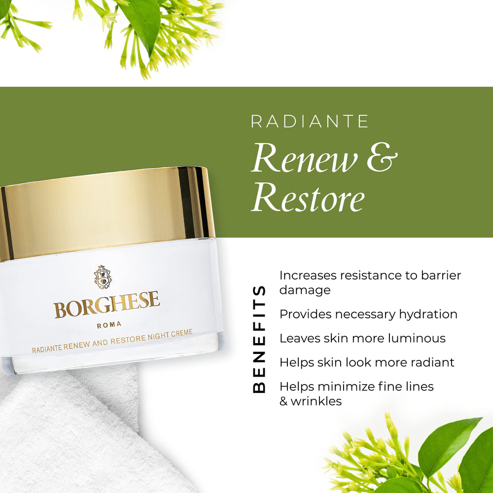 Application view of Borghese night creme spread on skin for hydration and elasticity