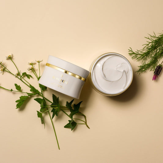 Close-up of Borghese Tono jar showing creamy texture ideal for dry areas.