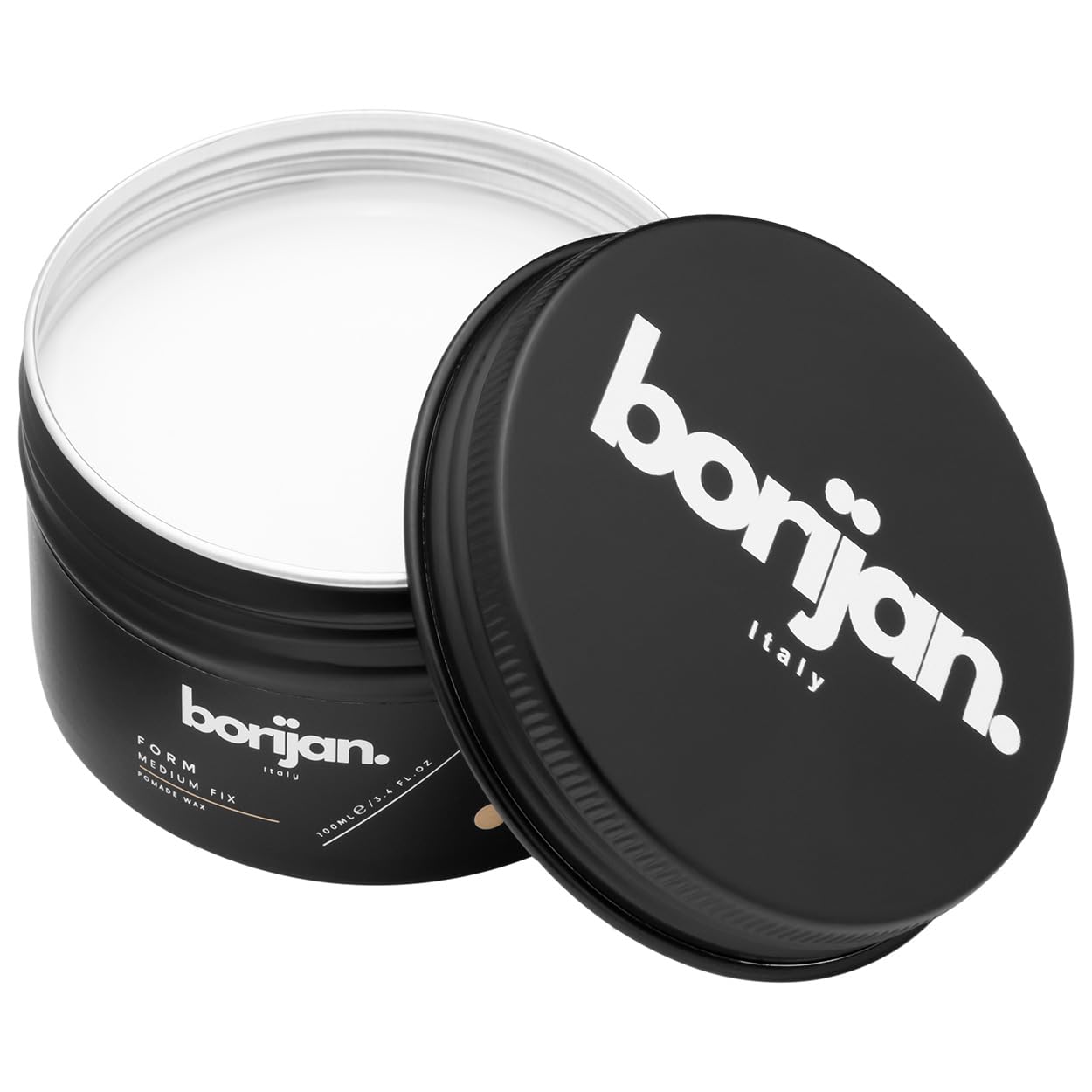 Borijan Form Pomade jar closeup showing premium packaging and texture benefits