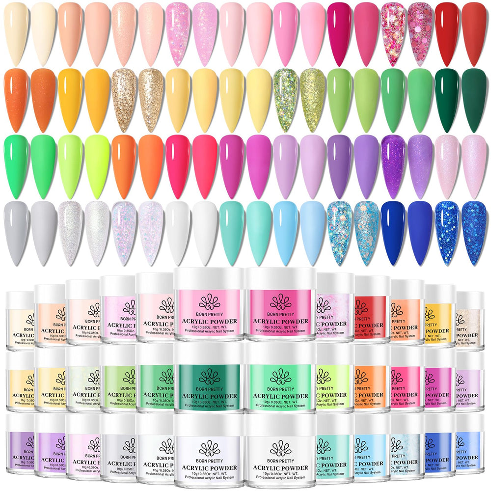 Born Pretty 36-color acrylic powder set close-up with vibrant pigments for DIY nail art.
