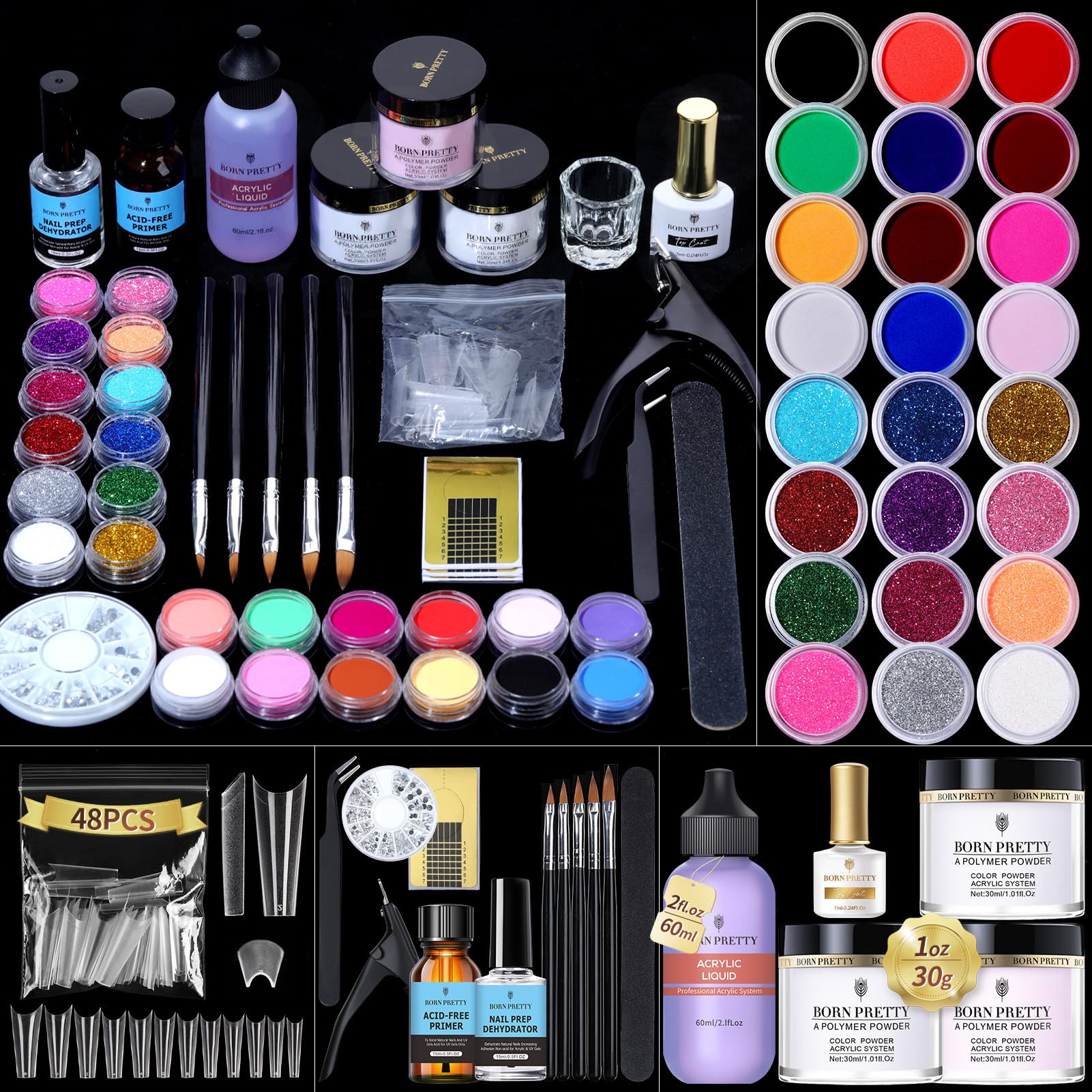 Born Pretty acrylic nail kit 96pcs collection display with vibrant colors for DIY extensions.