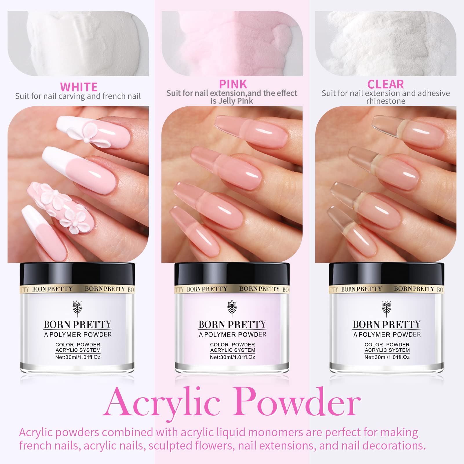 Born Pretty acrylic powder 30ml close-up showing smooth self-leveling formula.
