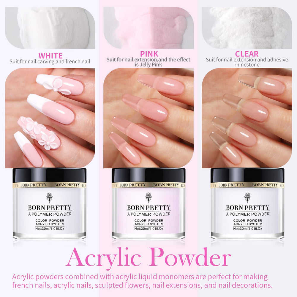 Born Pretty acrylic powder 30ml close-up showing smooth self-leveling formula.