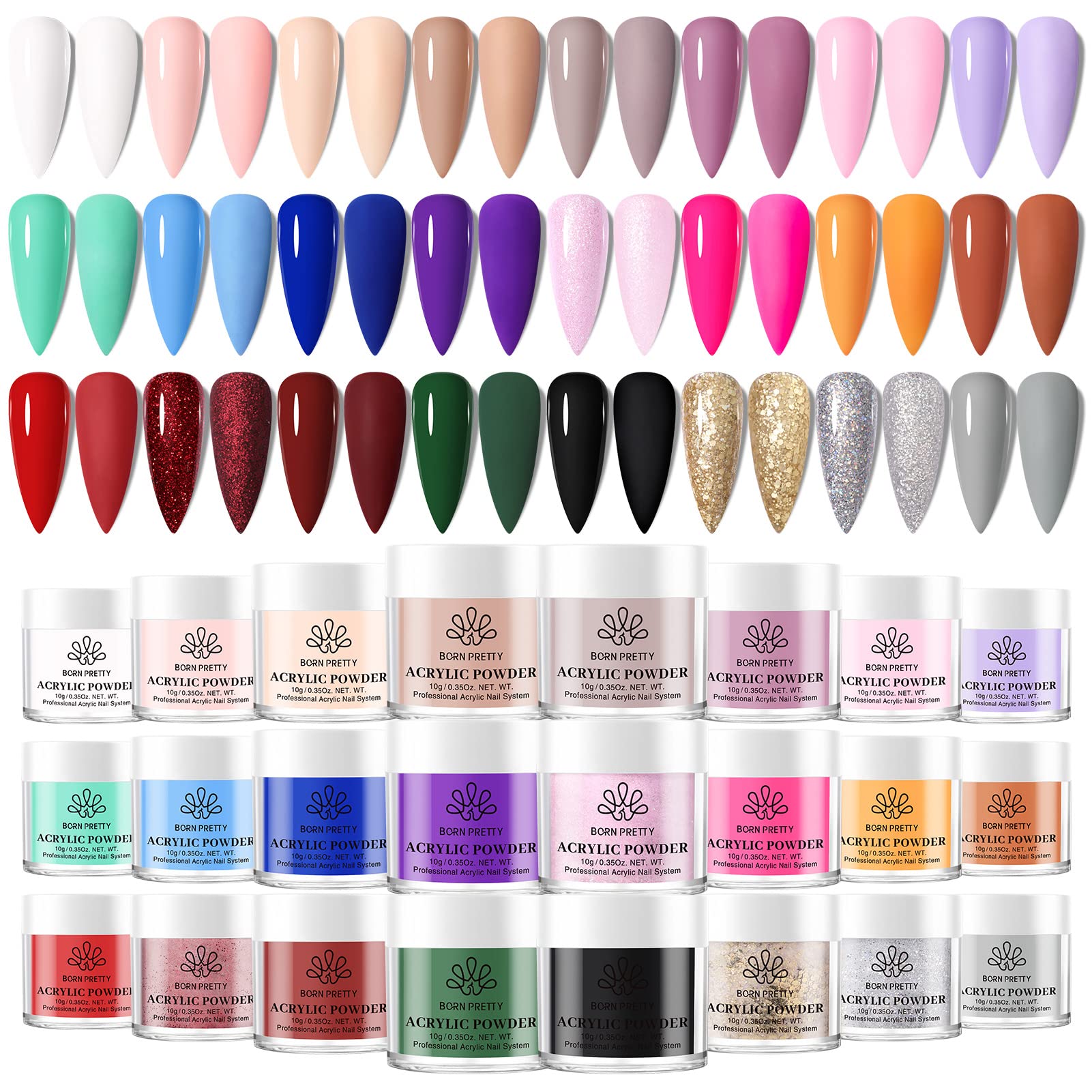 Born Pretty acrylic powder set front view shows vibrant color options for nail art