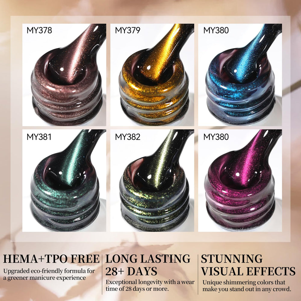 Born Pretty Cat Magnetic Eye Gel Set purple glitter swatches for nail art.