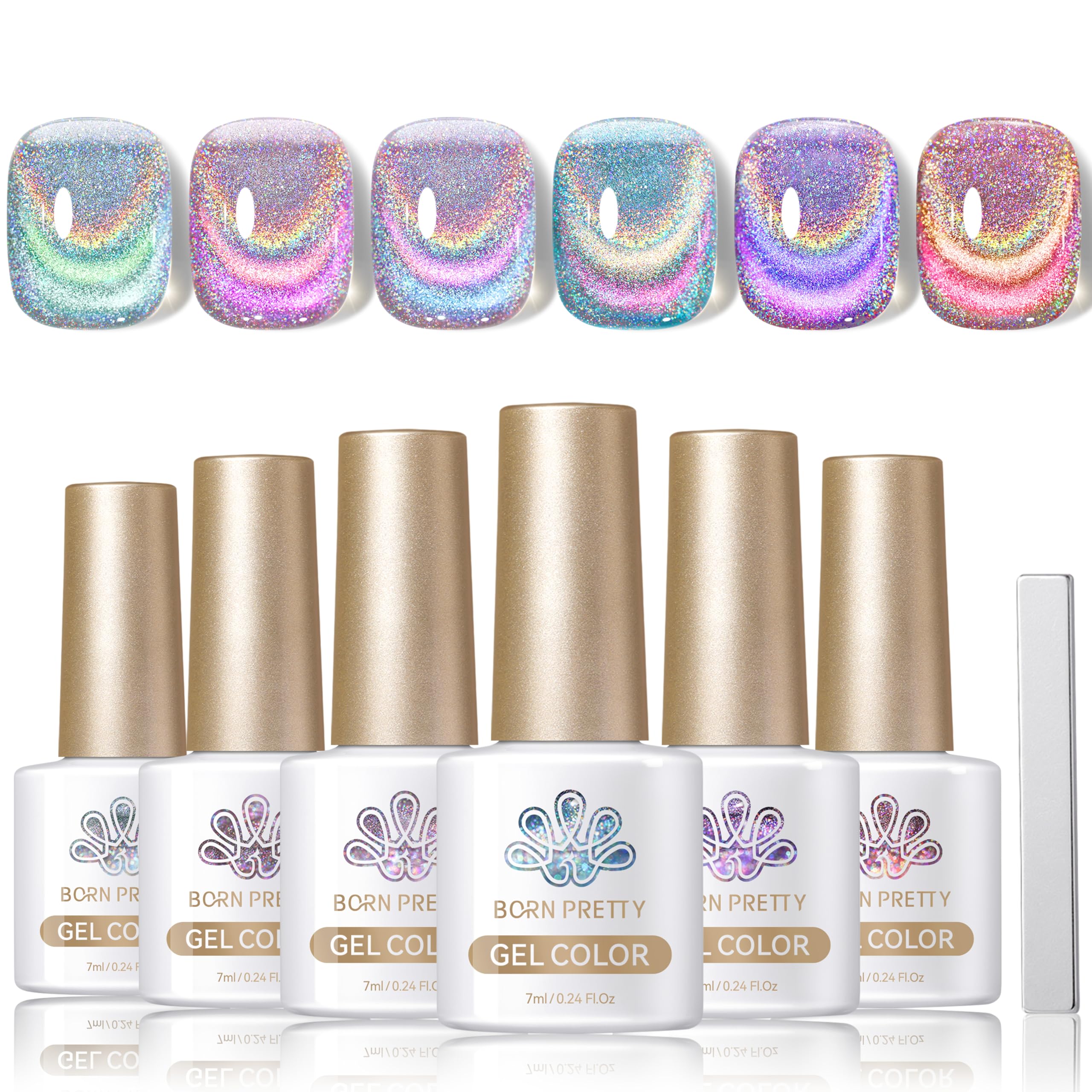 Born Pretty cat-magnetic gel polish bottle close-up showing holographic glitter for lasting shine.