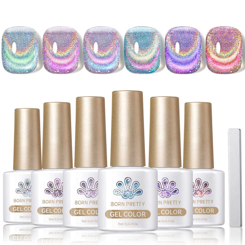 Born Pretty cat-magnetic gel polish bottle close-up showing holographic glitter for lasting shine.
