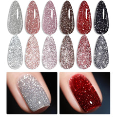Born Pretty Christmas glitter gel polish on red nails with disco effect for celebrations.