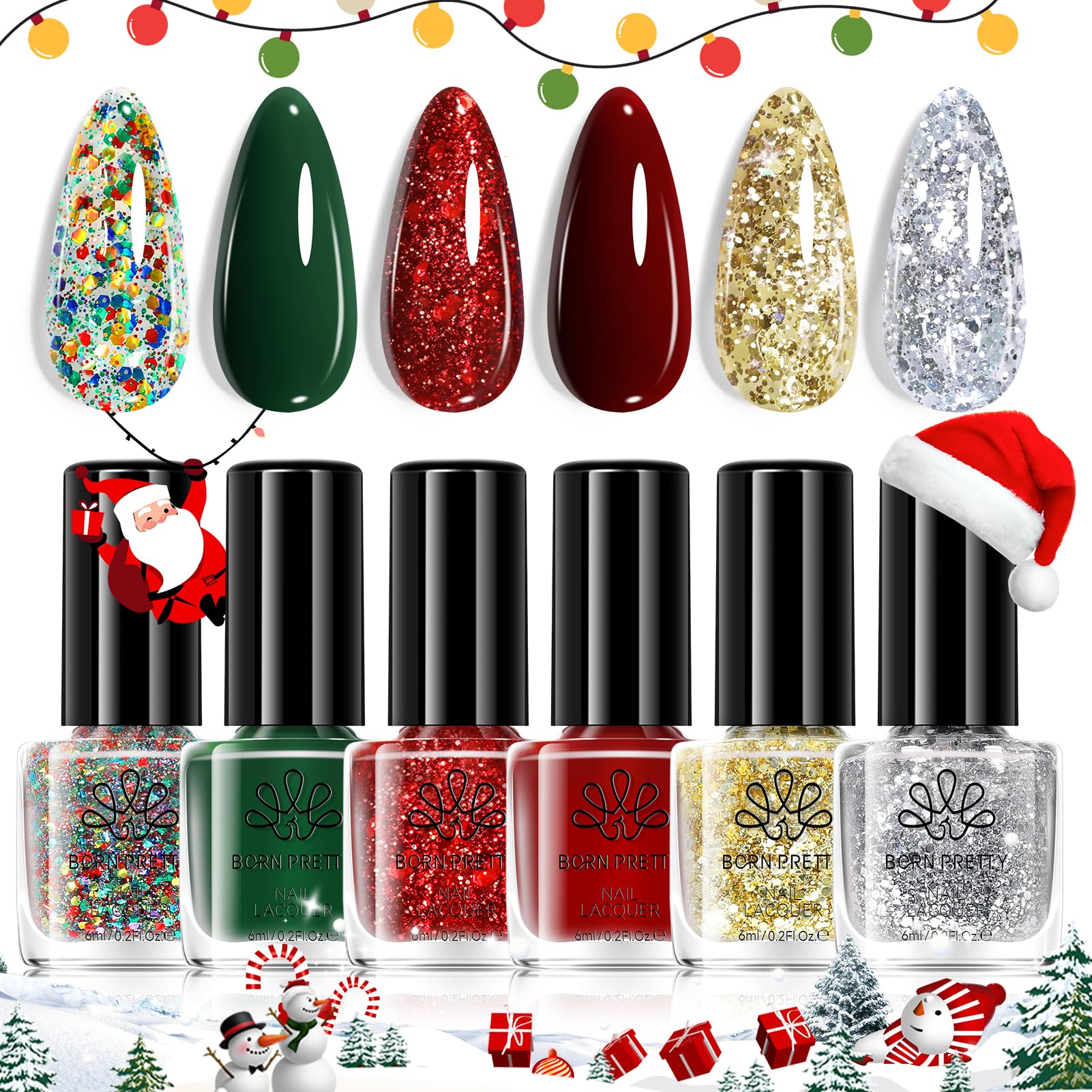 Born Pretty front packaging showing six festive polish shades and holiday appeal