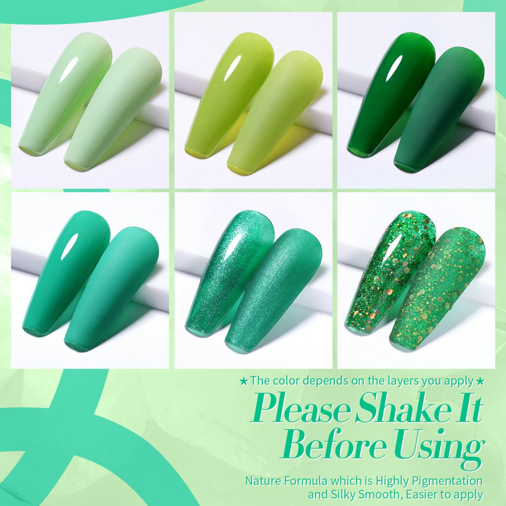 Born Pretty forest green gel nail polish on nails with rich coverage