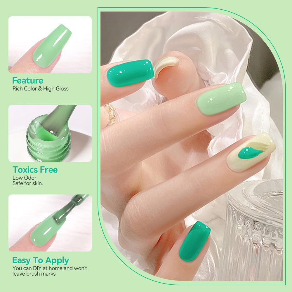 Born Pretty green gel nail polish swatch strip showing color range