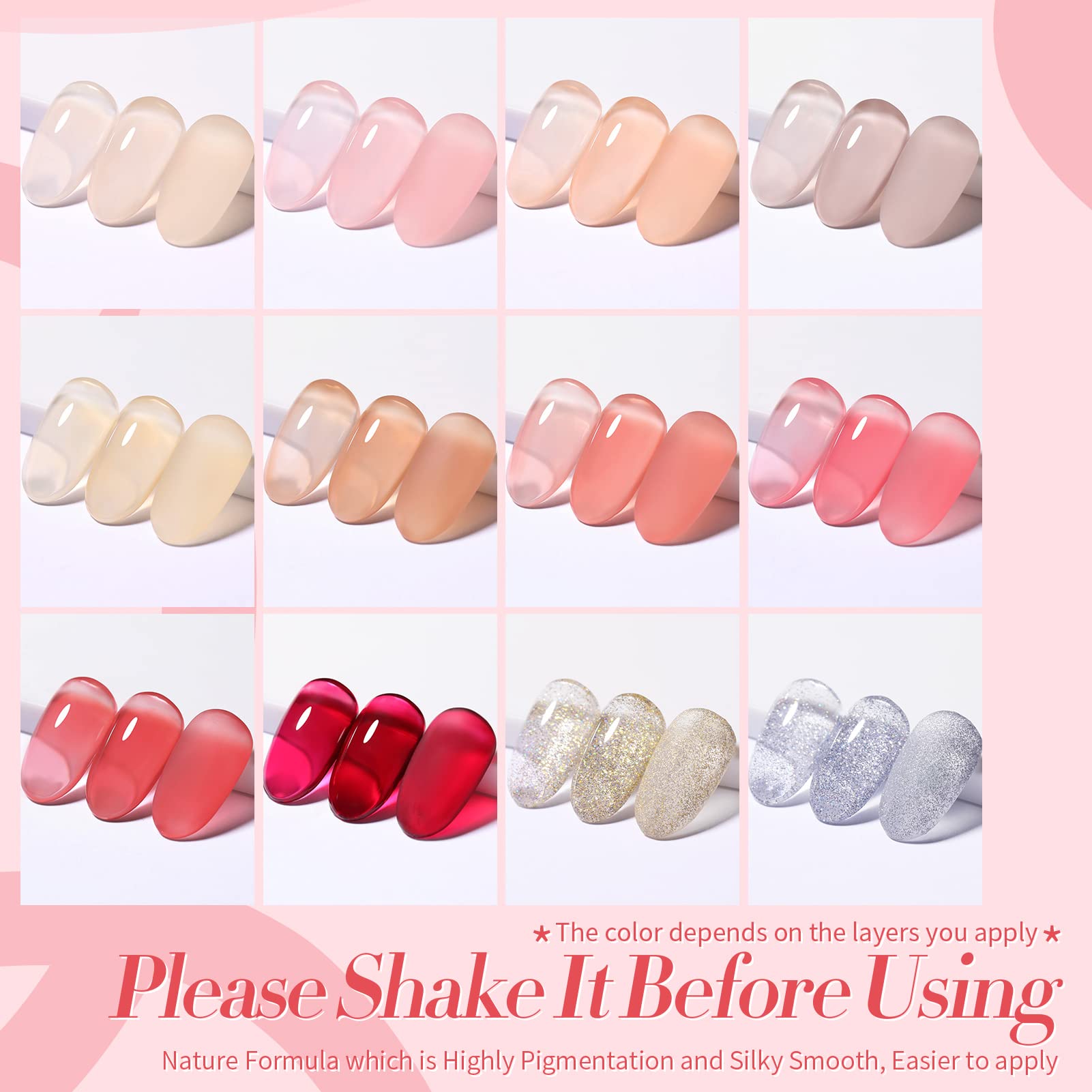 Born Pretty jelly gel color range in rose and nude tones