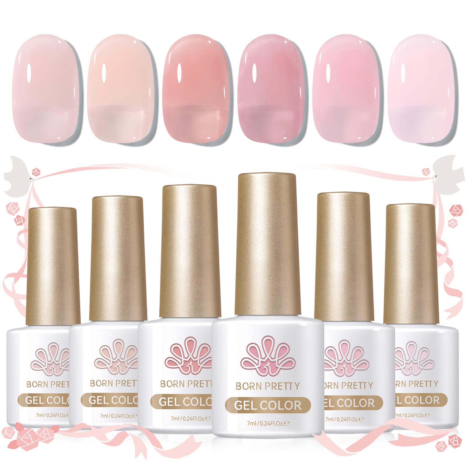 Born Pretty jelly pink gel polish set with six bottles for a glassy translucent manicure