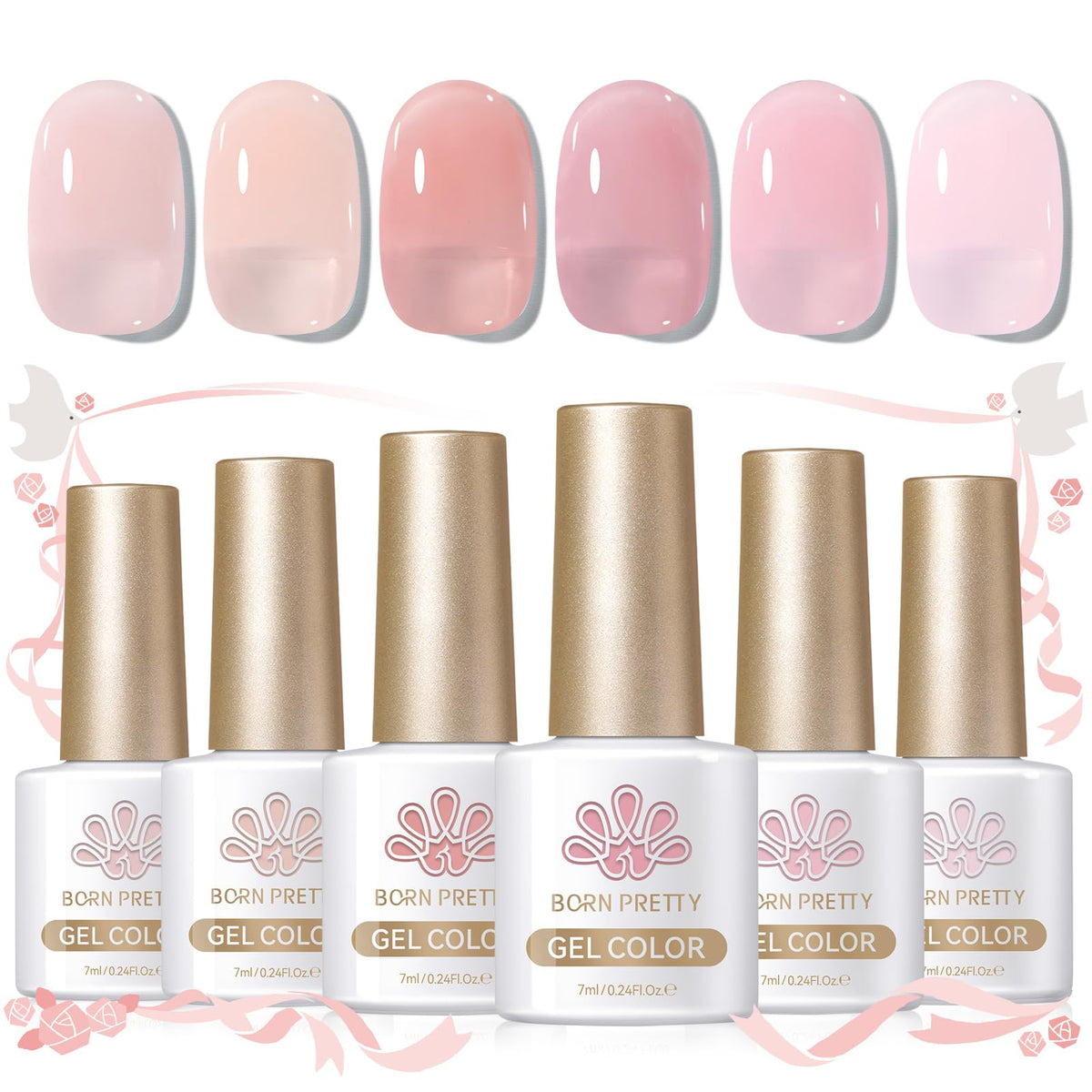 Born Pretty jelly pink gel polish set with six bottles for a glassy translucent manicure