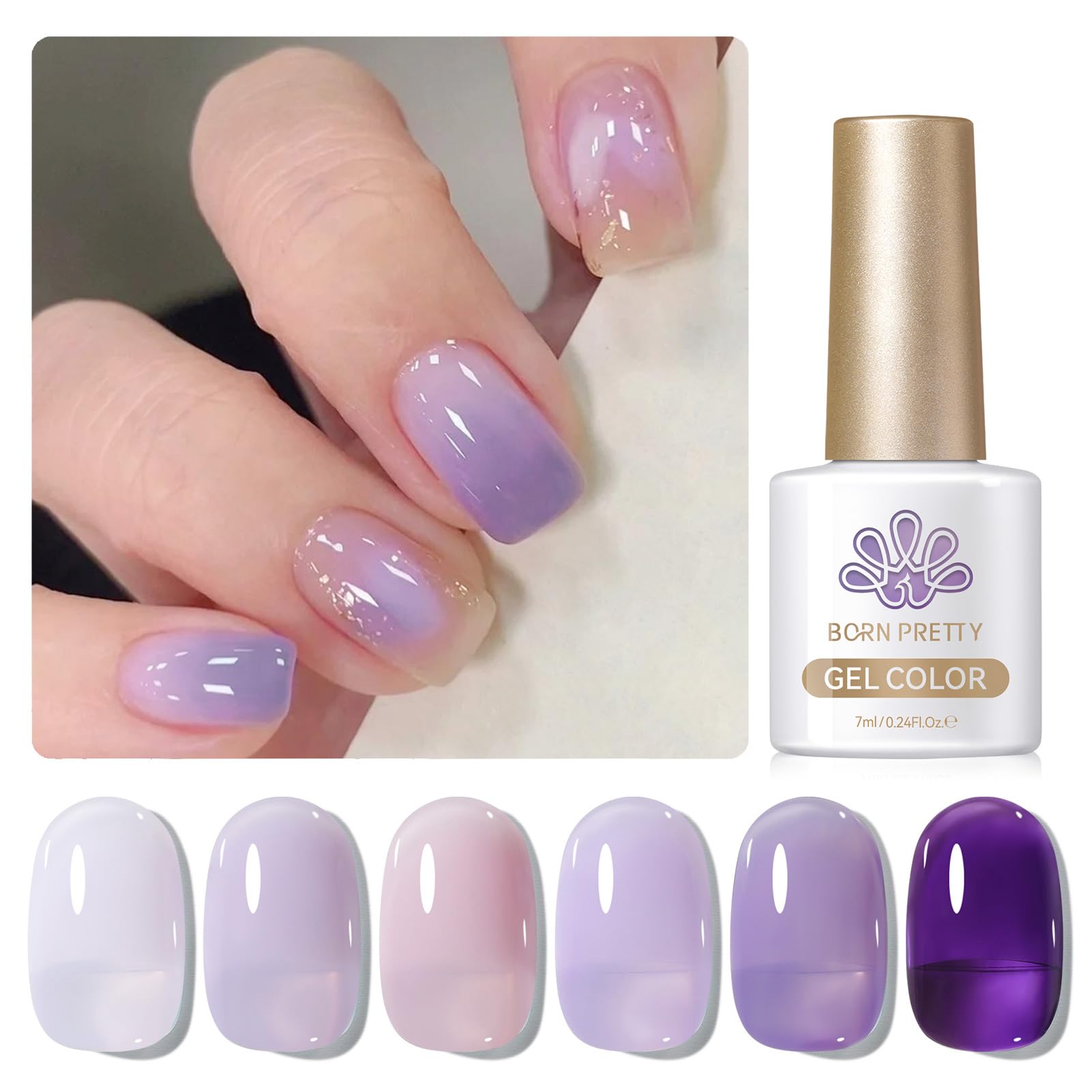 Born Pretty Jelly Purple Gel Nail Polish set used for at-home manicure convenience