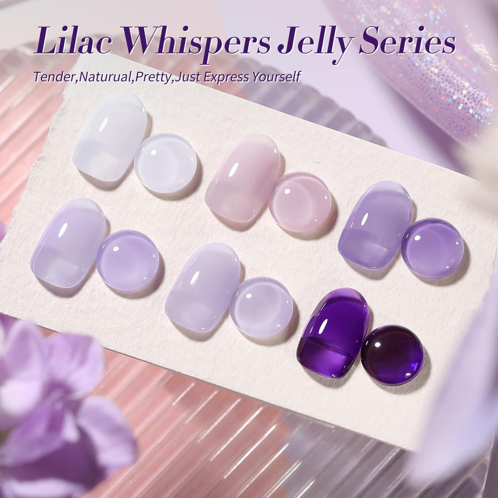 Born Pretty Jelly Purple Gel Nail Polish swatches displaying six purple shades for versatile styling