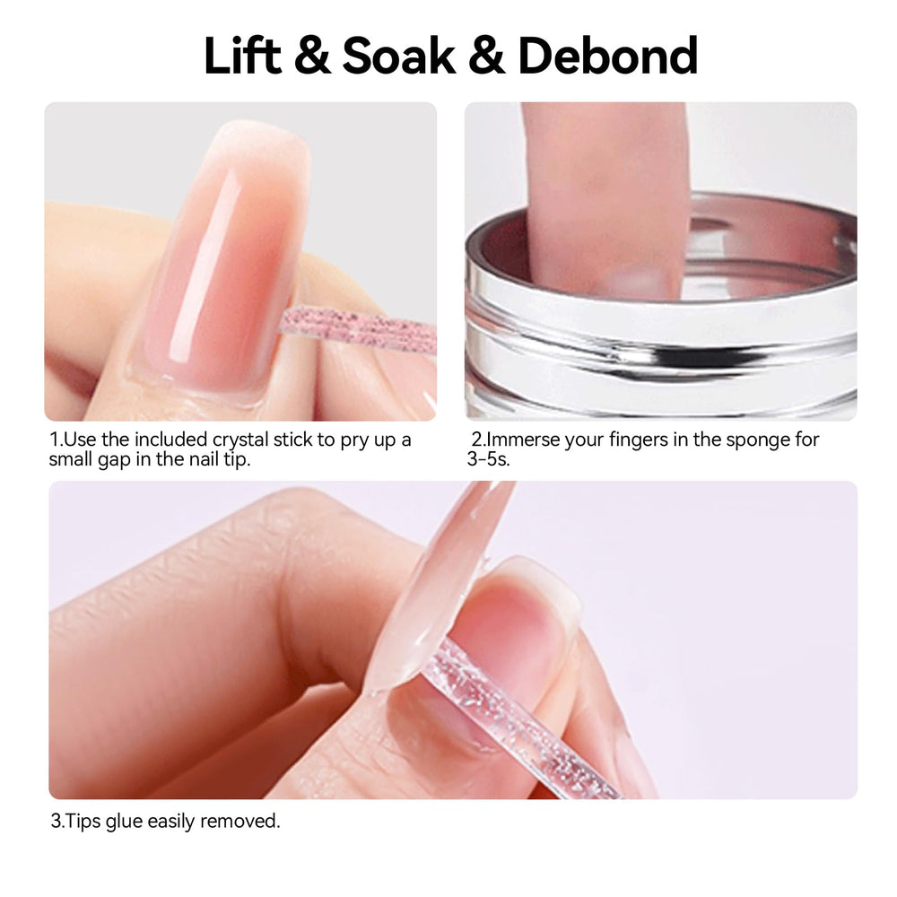 Nail remover liquid enabling immersion for efficient gel and acrylic nail removal.