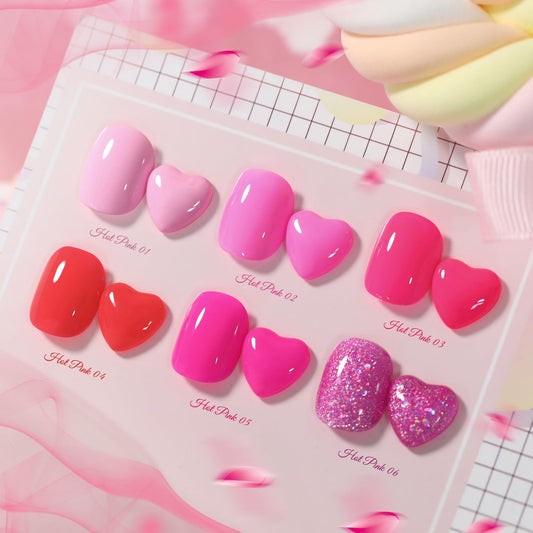 Born Pretty neon pink gel swatches show glittery sparkle under UV/LED lighting