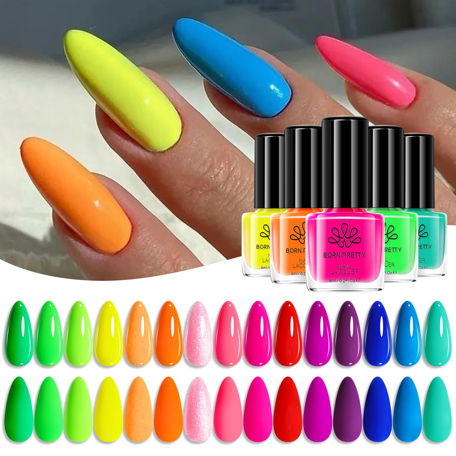 Born Pretty Neon Nail Polish Set with 15 vibrant colors for quick weekend manicures