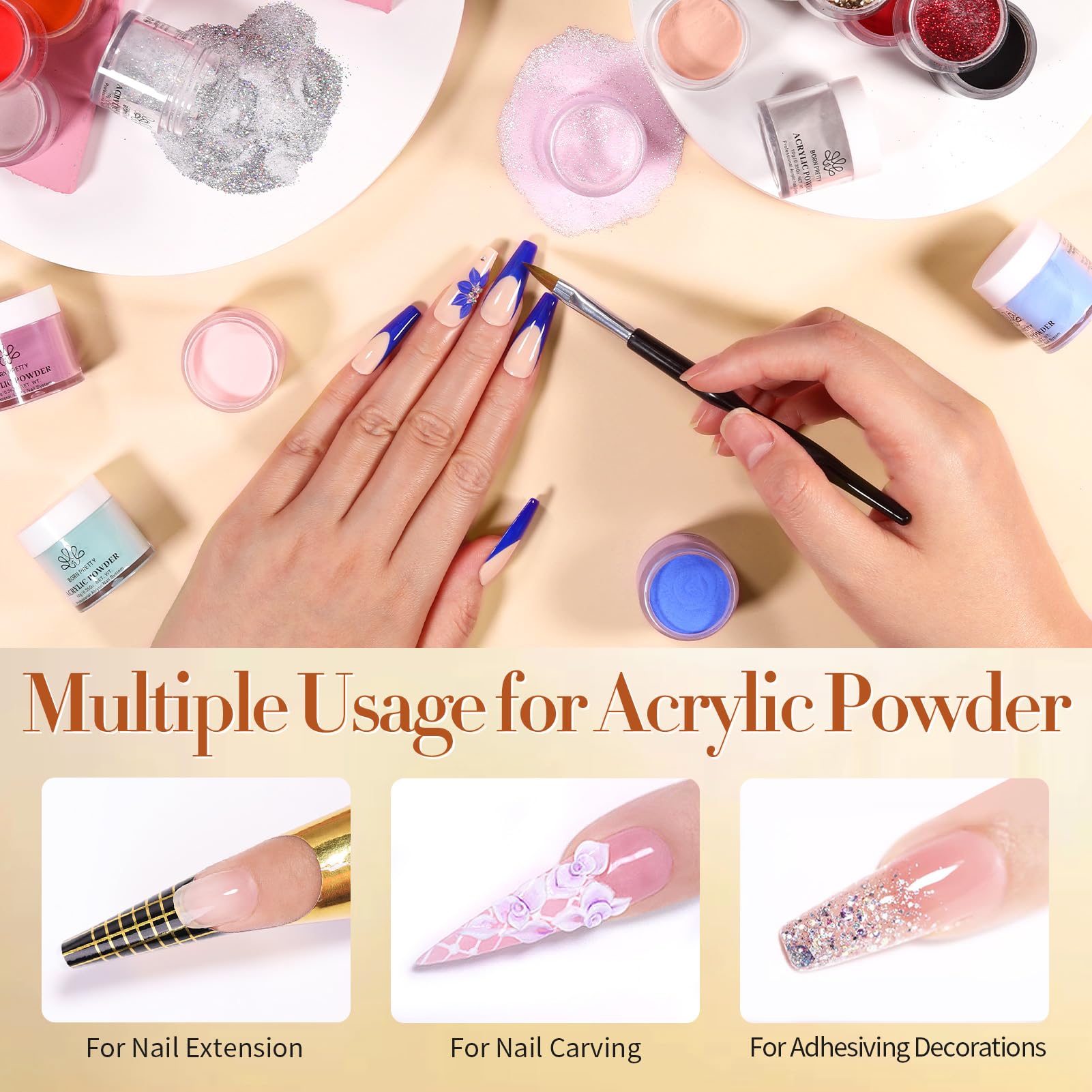 Born Pretty acrylic powder no-lamp cure feature demonstrated on sample nails for faster manicure.