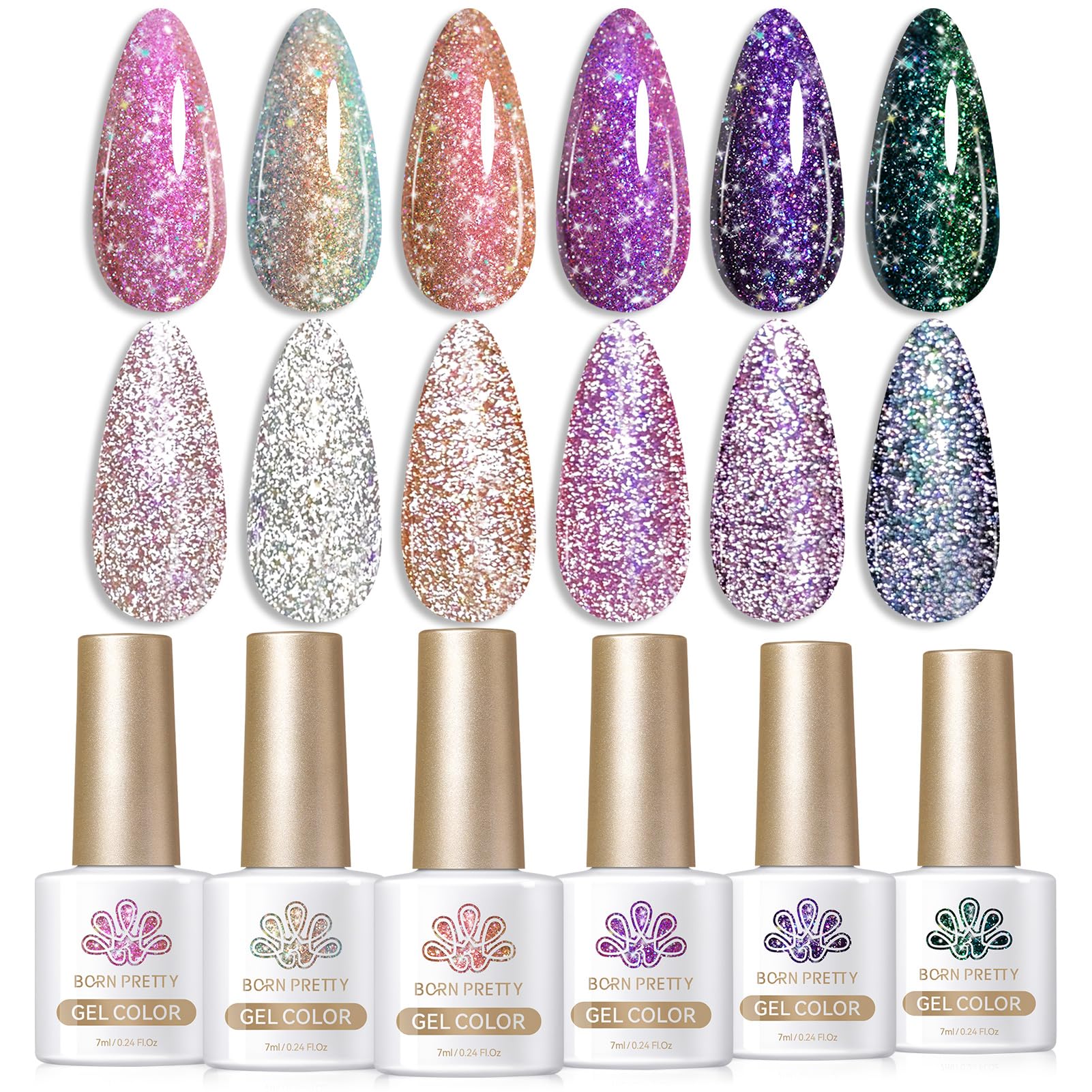 Born Pretty reflective glitter gel polish set on display, vibrant party-ready shimmer