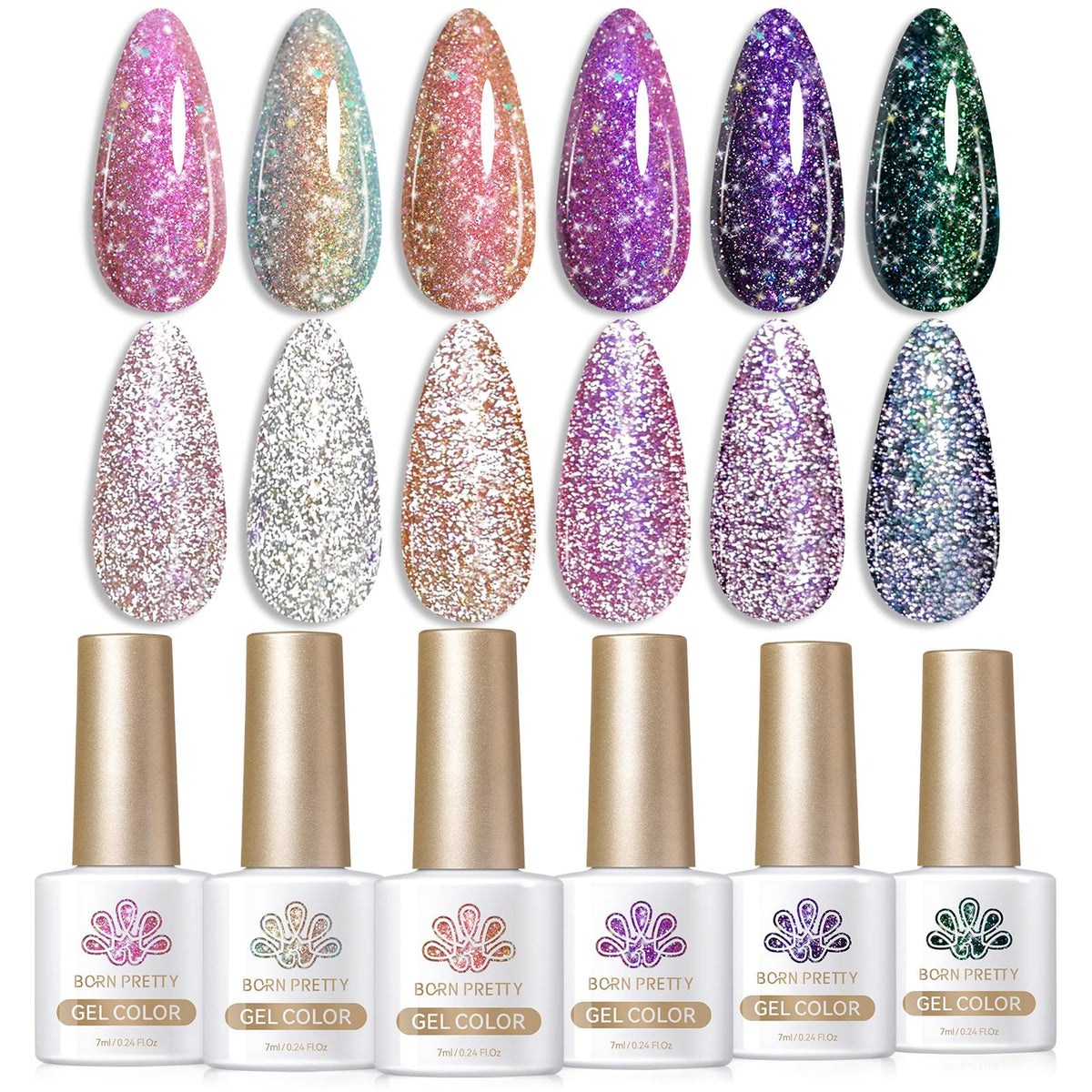 Born Pretty reflective glitter gel polish set on display, vibrant party-ready shimmer