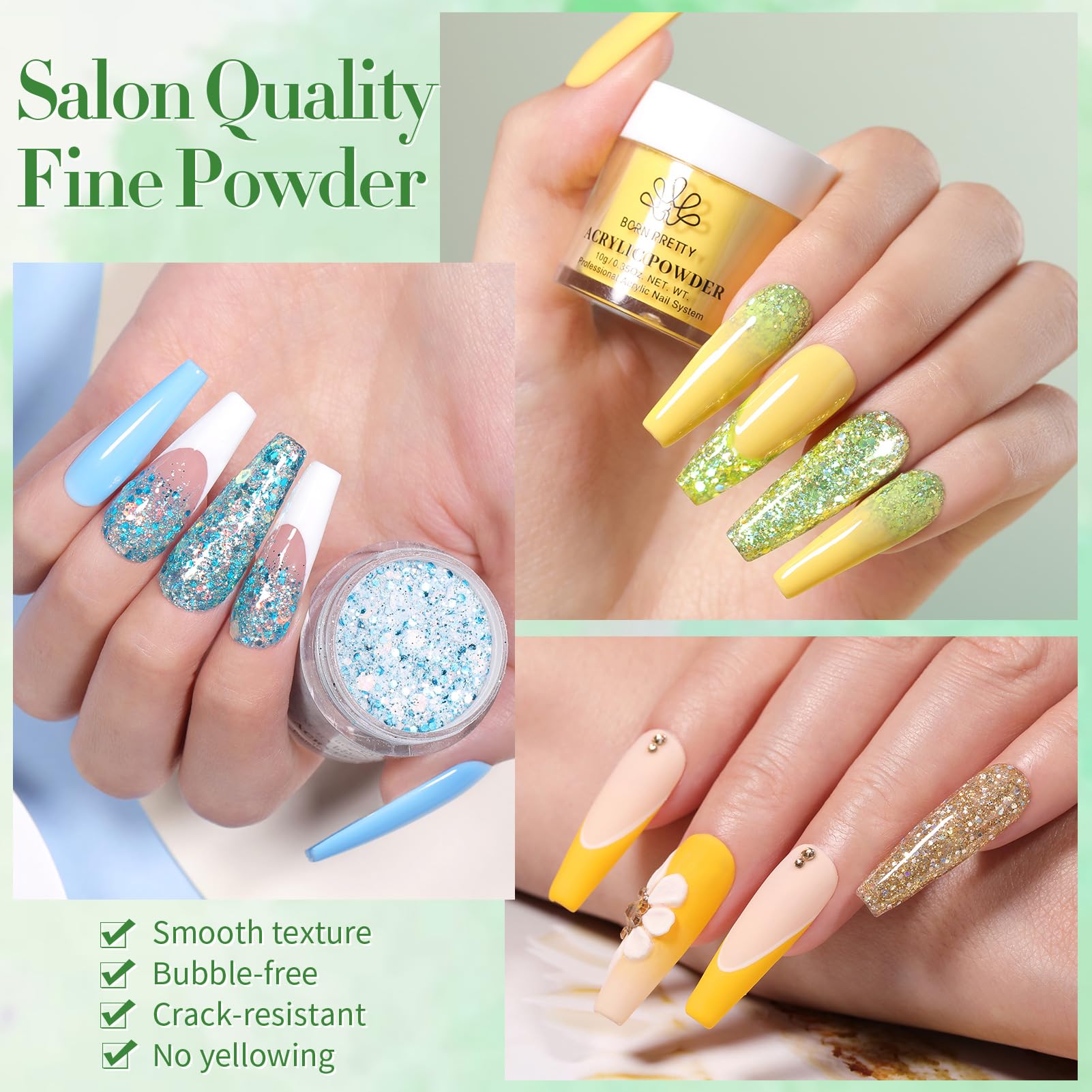 Born Pretty vibrant color close-up highlighting solid shades and glitter finishes.