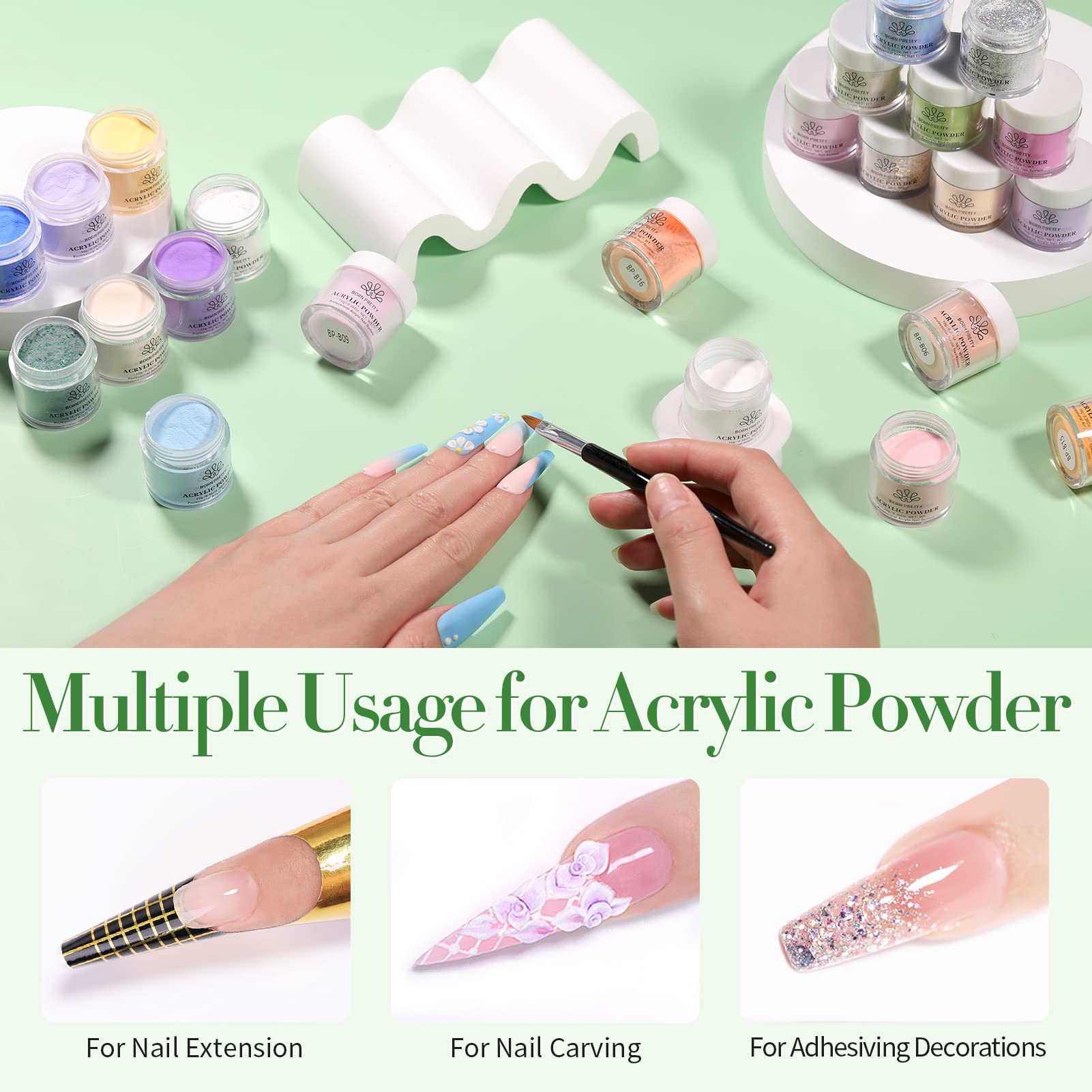 Born Pretty acrylic powder red green blue palette for vibrant French extensions.