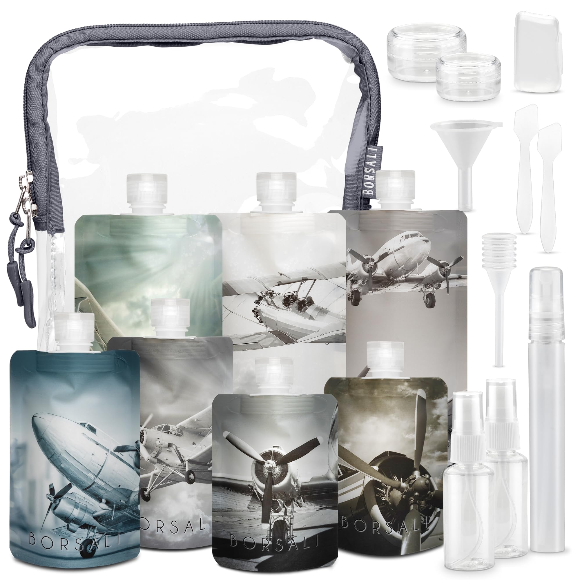 BORSALI travel pouches flat bottles for compact packing and easy refill.