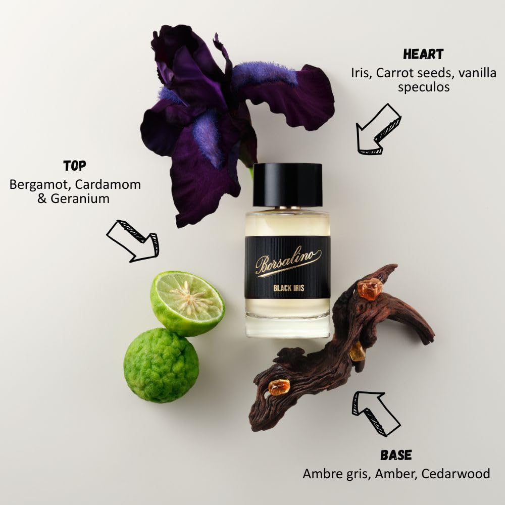 Borsalino Black Iris close‑up bottle showing premium detail.