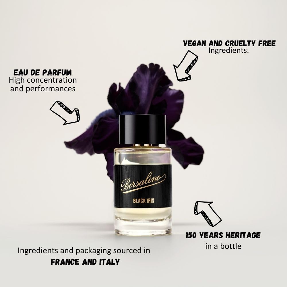 Borsalino Black Iris top notes emphasize bergamot and cardamom for an energizing start.