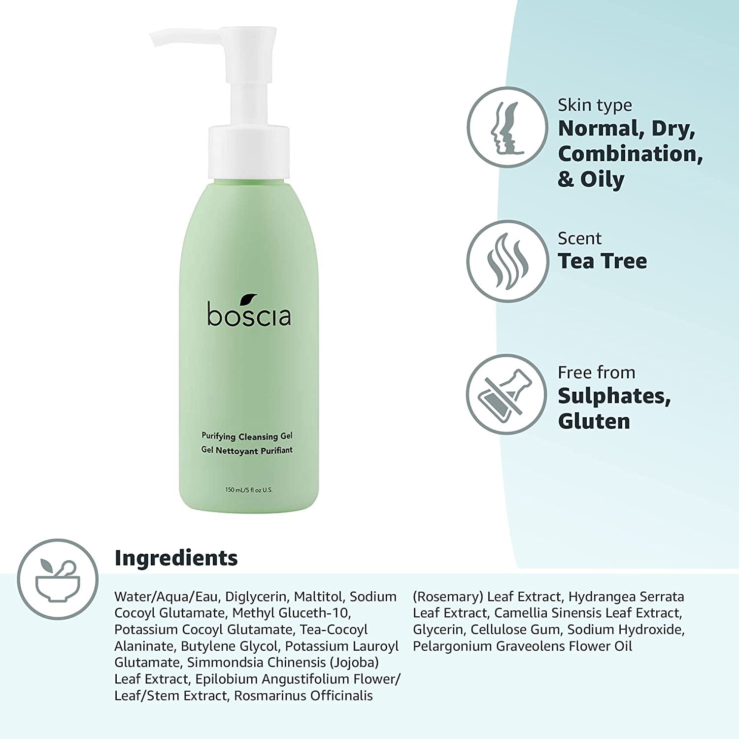 boscia Purifying Cleansing Gel skin application shot suggests refreshing post-cleanse feel.