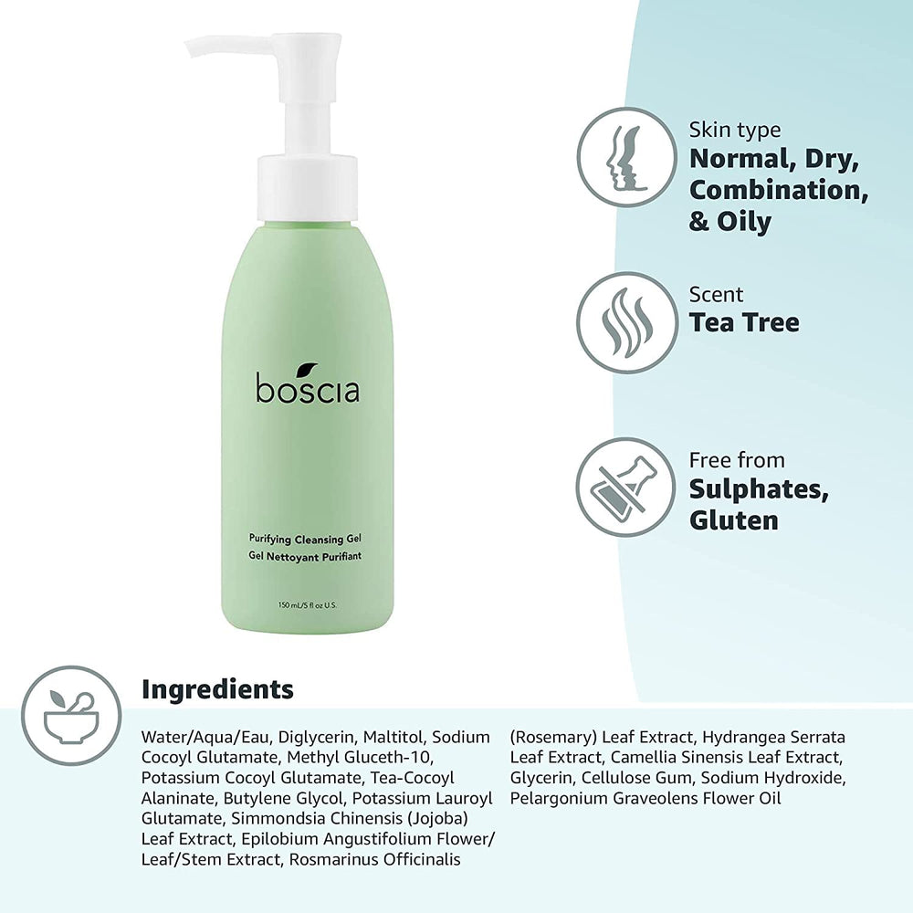 boscia Purifying Cleansing Gel skin application shot suggests refreshing post-cleanse feel.