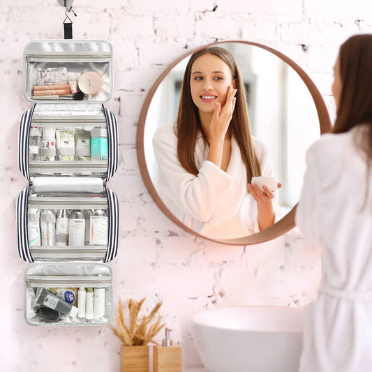Bosidu toiletry bag front pocket stores makeup brushes neatly for quick access.
