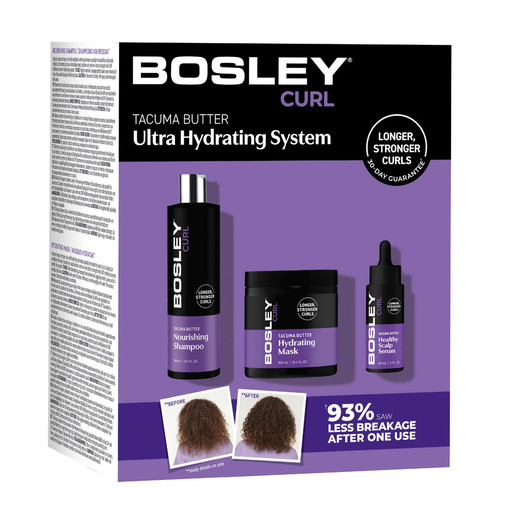 BosleyMD Curl Ultra Hydrating Shampoo bottle delivers lightweight moisture for textured hair.